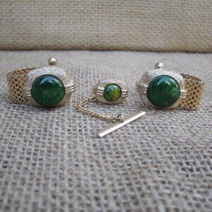 Vintage Swank Tie Tack & Cufflink Set Green & Gold